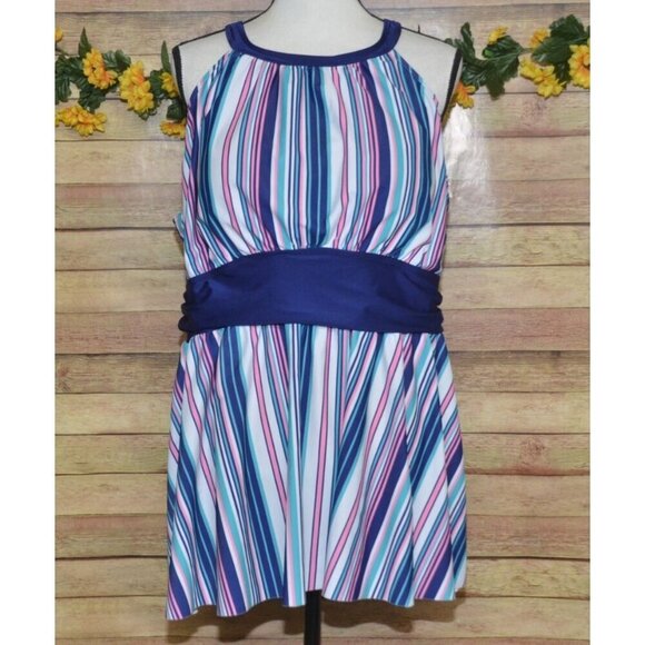 Women's Blue Pink Striped Tankini Plus Size 3XL Stretch Umpire Waist Open Back - Picture 1 of 10